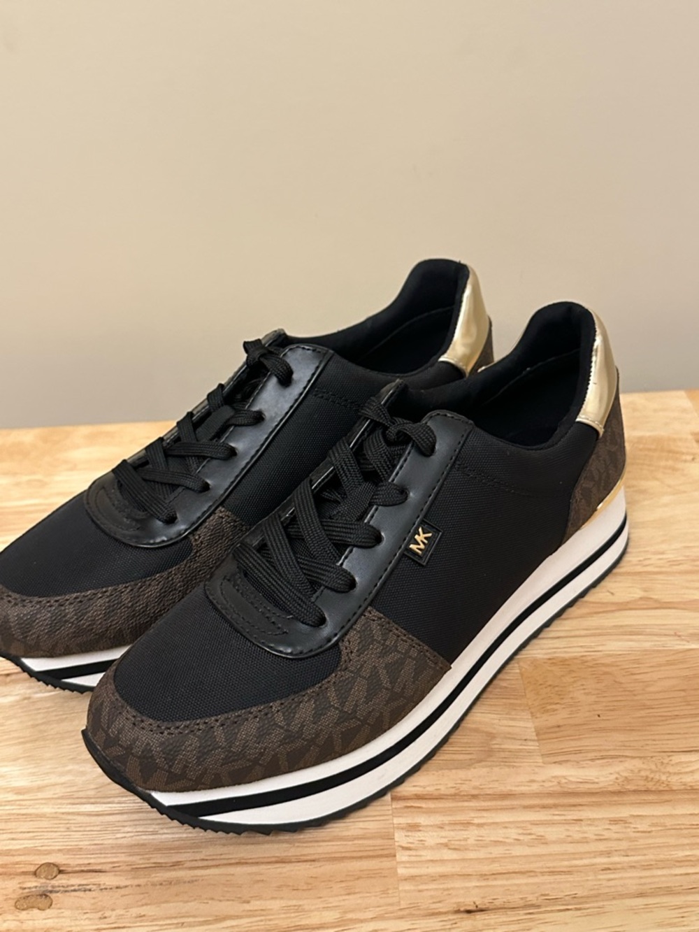 Michael Kors Black, Brown & Gold Platform Sneakers - Picture 4 of 12